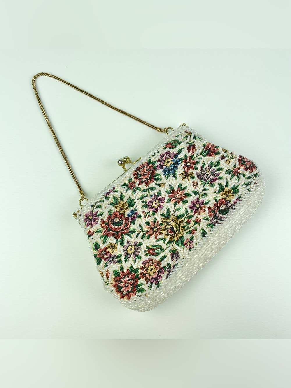 VTG Oharsma Floral Beaded Tapestry Evening Bag Gold Chain Handbag Kiss Clasp